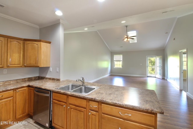 122 Dayflower Way, Maynardville, TN 37807 - kitchen with stainless steel dishwasher, vaulted ceiling, open floor plan, a peninsula, and crown molding
