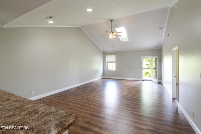 122 Dayflower Way, Maynardville, TN 37807 - unfurnished living room with ceiling fan, dark wood-style flooring, crown molding, recessed lighting, and high vaulted ceiling