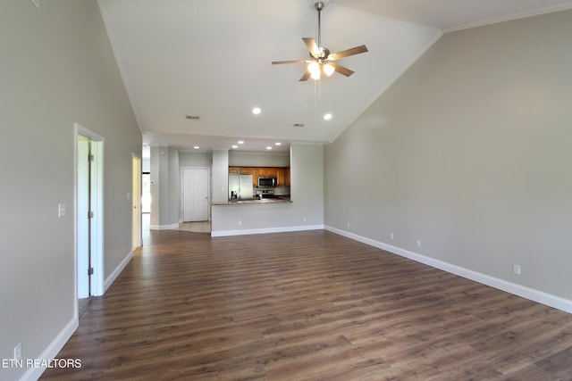 122 Dayflower Way, Maynardville, TN 37807 - unfurnished living room featuring ceiling fan, dark wood-type flooring, recessed lighting, and high vaulted ceiling