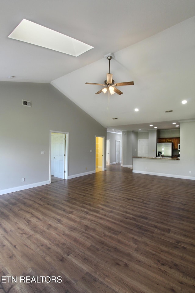 122 Dayflower Way, Maynardville, TN 37807 - unfurnished living room with ceiling fan, dark wood-style flooring, recessed lighting, a skylight, and high vaulted ceiling