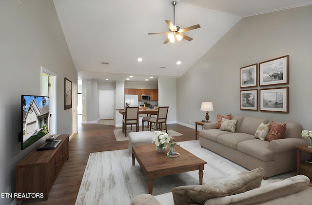 122 Dayflower Way, Maynardville, TN 37807 - living area featuring high vaulted ceiling, light wood finished floors, a ceiling fan, and recessed lighting