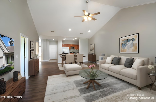 122 Dayflower Way, Maynardville, TN 37807 - living room with high vaulted ceiling, wood finished floors, ceiling fan, and recessed lighting