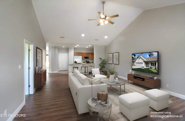 122 Dayflower Way, Maynardville, TN 37807 - living area featuring high vaulted ceiling, a ceiling fan, wood finished floors, and recessed lighting