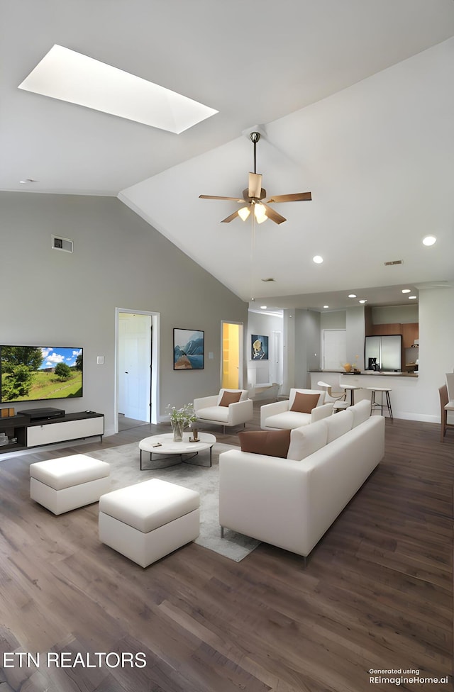 122 Dayflower Way, Maynardville, TN 37807 - living room featuring high vaulted ceiling, wood finished floors, ceiling fan, a skylight, and recessed lighting