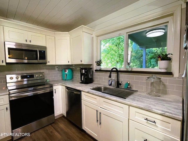 116 Lasalle Rd, Oak Ridge, TN 37830 - kitchen with appliances with stainless steel finishes, dark wood-style flooring, backsplash, white cabinetry, and wooden ceiling
