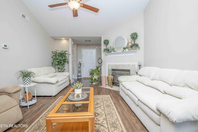 5632 Libby Way, Knoxville, TN 37924 - living area featuring a ceiling fan, wood finished floors, and a fireplace