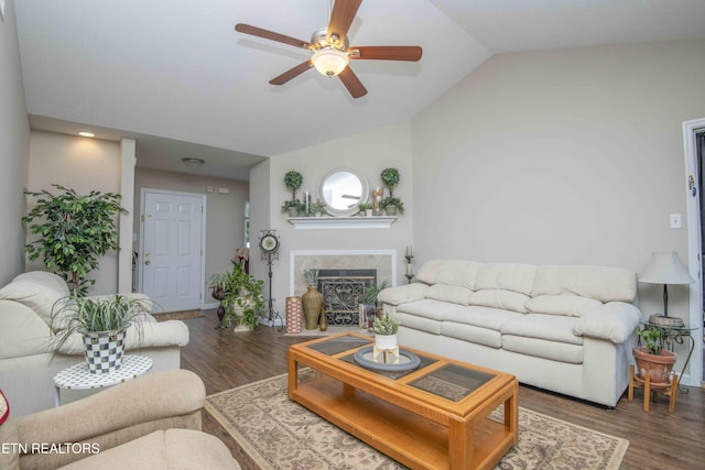 5632 Libby Way, Knoxville, TN 37924 - living area featuring ceiling fan, wood finished floors, a premium fireplace, and lofted ceiling