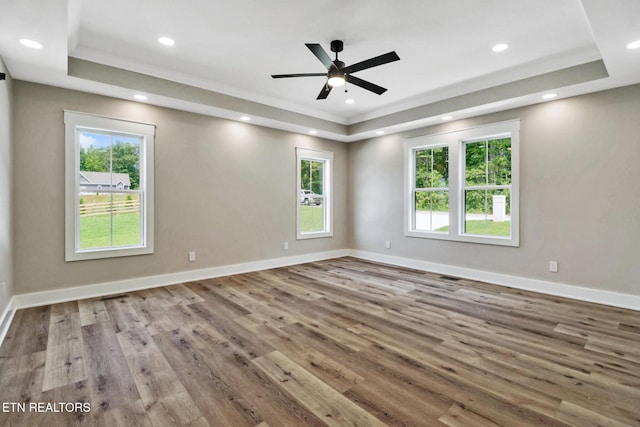 320 Ridge Ln, Monterey, TN 38574 - unfurnished room featuring a tray ceiling, ornamental molding, plenty of natural light, wood finished floors, and recessed lighting