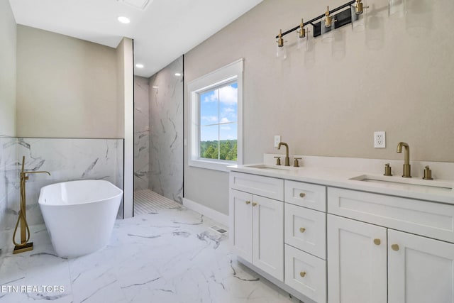 320 Ridge Ln, Monterey, TN 38574 - bathroom featuring a marble finish shower, a freestanding bath, marble tiled flooring, recessed lighting, and double vanity