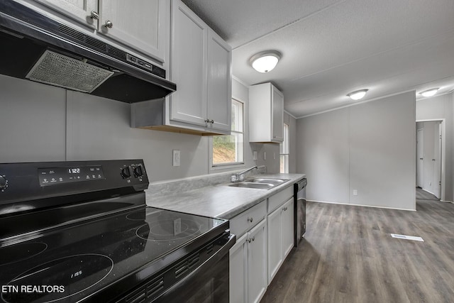 6952 Cottonport Rd, Decatur, TN 37322 - kitchen with black electric range, ventilation hood, wood finished floors, light countertops, and dishwasher