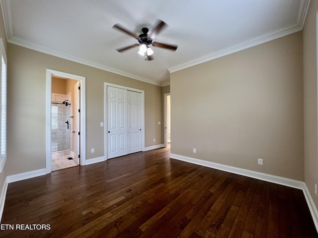 2005 River Mist Cir, New Market, TN 37820 - unfurnished bedroom featuring dark wood-type flooring, crown molding, connected bathroom, a closet, and ceiling fan