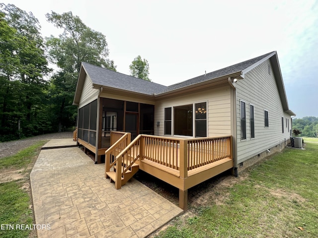 2005 River Mist Cir, New Market, TN 37820 - back of house with a sunroom, a deck, crawl space, a patio, and a yard