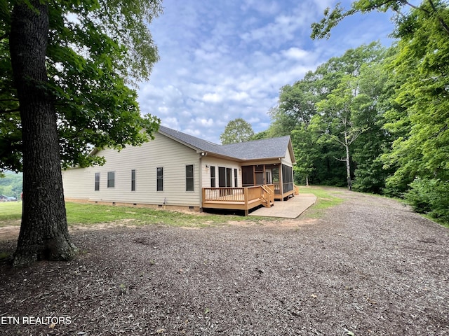 2005 River Mist Cir, New Market, TN 37820 - rear view of property featuring crawl space, a sunroom, a wooden deck, and a shingled roof