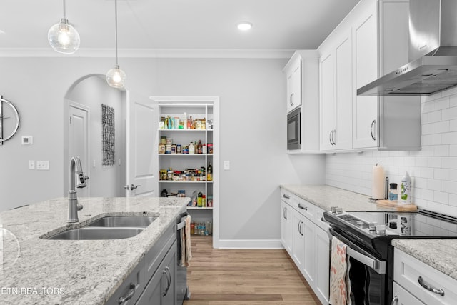 402 Sycamore Pl, Loudon, TN 37774 - kitchen featuring range hood, appliances with stainless steel finishes, crown molding, light wood-type flooring, and white cabinets