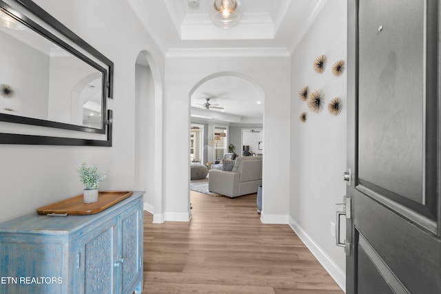 402 Sycamore Pl, Loudon, TN 37774 - foyer entrance with a raised ceiling, light wood-style flooring, a ceiling fan, arched walkways, and ornamental molding