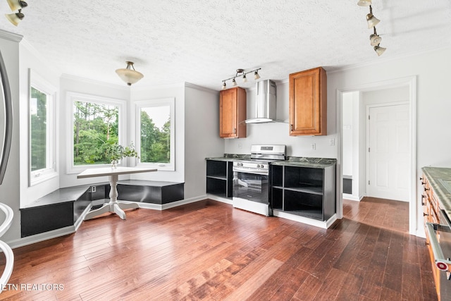 824 W Woodchase Rd, Knoxville, TN 37934 - kitchen with stainless steel range oven, wall chimney range hood, brown cabinetry, dark wood-style flooring, and track lighting