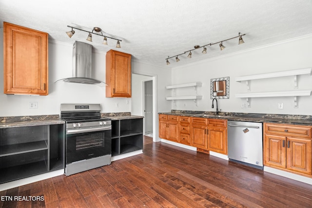 824 W Woodchase Rd, Knoxville, TN 37934 - kitchen featuring open shelves, stainless steel appliances, wall chimney range hood, rail lighting, and crown molding