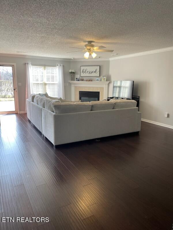 715 Cedar Ln Unit 135, Knoxville, TN 37912 - living room featuring a textured ceiling, ceiling fan, ornamental molding, a tile fireplace, and dark wood finished floors