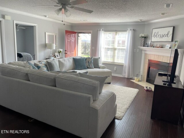 715 Cedar Ln Unit 135, Knoxville, TN 37912 - living room with a ceiling fan, ornamental molding, a textured ceiling, wood finished floors, and a tile fireplace