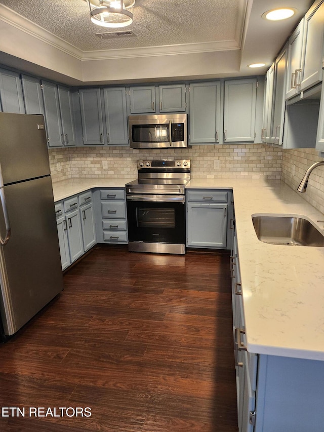715 Cedar Ln Unit 135, Knoxville, TN 37912 - kitchen with stainless steel appliances, ornamental molding, a textured ceiling, gray cabinets, and light countertops