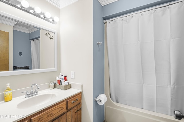 122 Glenwood Dr, Crossville, TN 38555 - bathroom with vanity, crown molding, and shower / bath combo with shower curtain