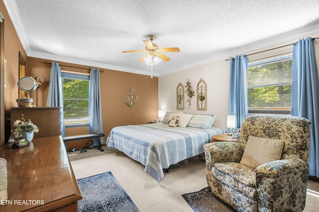 122 Glenwood Dr, Crossville, TN 38555 - carpeted bedroom with multiple windows, ornamental molding, a textured ceiling, and a ceiling fan