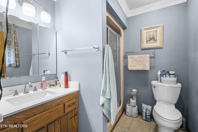 122 Glenwood Dr, Crossville, TN 38555 - bathroom with a stall shower, vanity, tile patterned flooring, and ornamental molding