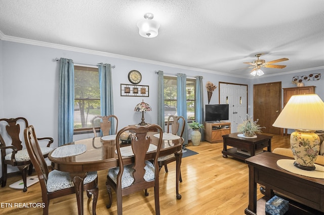 122 Glenwood Dr, Crossville, TN 38555 - dining space with light wood finished floors, crown molding, a textured ceiling, and a ceiling fan