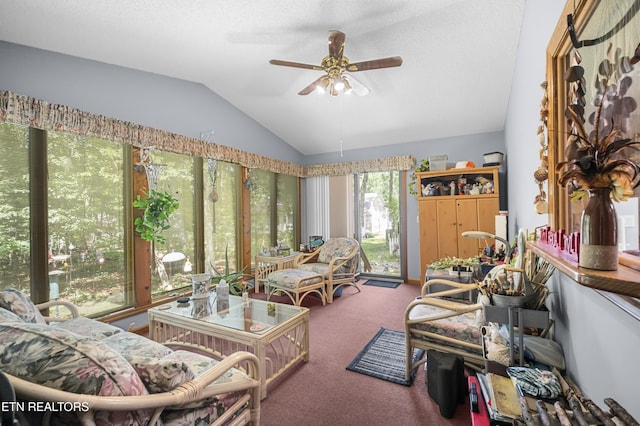 122 Glenwood Dr, Crossville, TN 38555 - living room with lofted ceiling, carpet floors, and a ceiling fan
