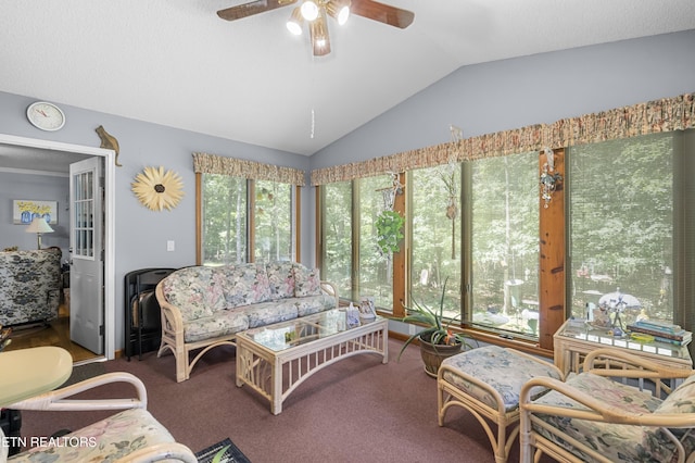 122 Glenwood Dr, Crossville, TN 38555 - carpeted living area with a ceiling fan and vaulted ceiling