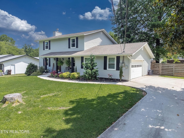 1839 Plumb Creek Cir, Knoxville, TN 37932 - traditional home with concrete driveway, an attached garage, a chimney, and a porch