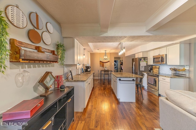 1839 Plumb Creek Cir, Knoxville, TN 37932 - kitchen with stainless steel appliances, a textured ceiling, crown molding, white cabinets, and tasteful backsplash