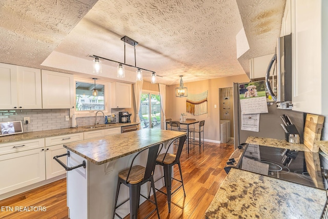 1839 Plumb Creek Cir, Knoxville, TN 37932 - kitchen featuring light wood-type flooring, a textured ceiling, stainless steel appliances, white cabinetry, and a breakfast bar