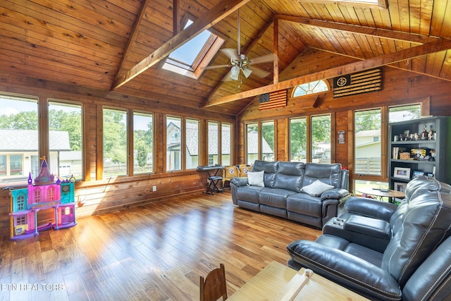 1839 Plumb Creek Cir, Knoxville, TN 37932 - living room featuring a skylight, wood walls, plenty of natural light, a ceiling fan, and high vaulted ceiling