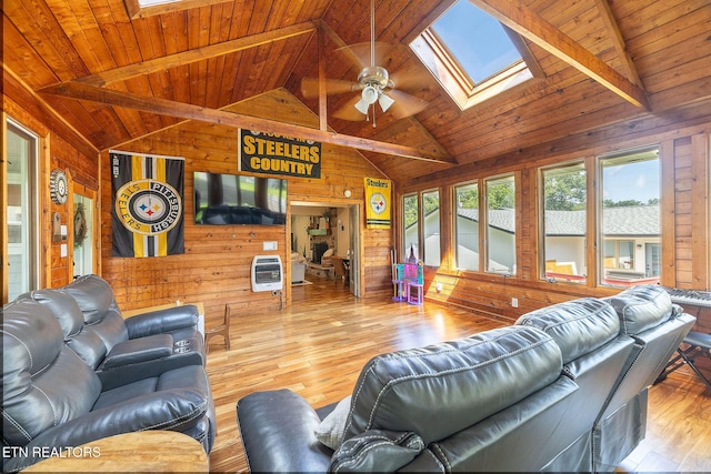 1839 Plumb Creek Cir, Knoxville, TN 37932 - living area featuring a skylight, wooden walls, wooden ceiling, a ceiling fan, and hardwood / wood-style floors