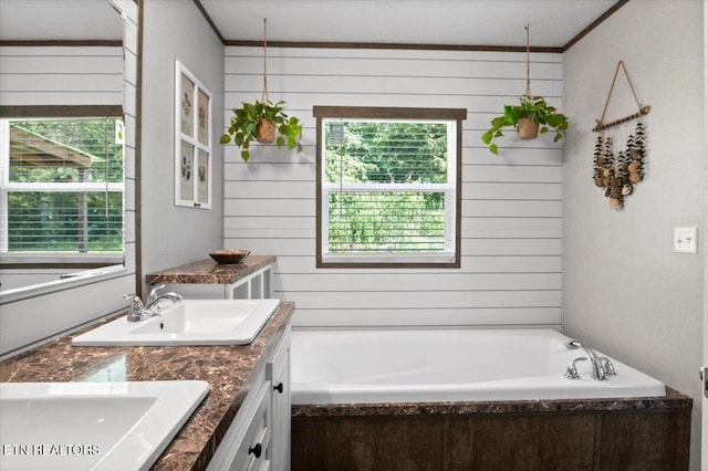 288 Forks Grove Rd, Lafollette, TN 37766 - bathroom featuring double vanity, a garden tub, ornamental molding, and wood walls