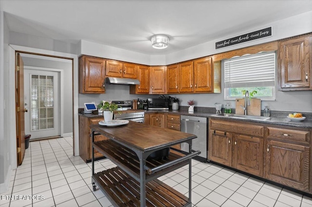 288 Forks Grove Rd, Lafollette, TN 37766 - kitchen with appliances with stainless steel finishes, under cabinet range hood, dark countertops, and brown cabinetry