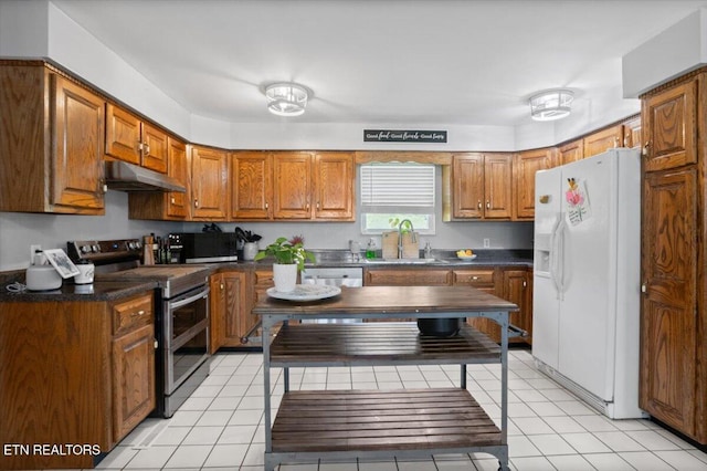 288 Forks Grove Rd, Lafollette, TN 37766 - kitchen with white appliances, under cabinet range hood, brown cabinetry, and dark countertops