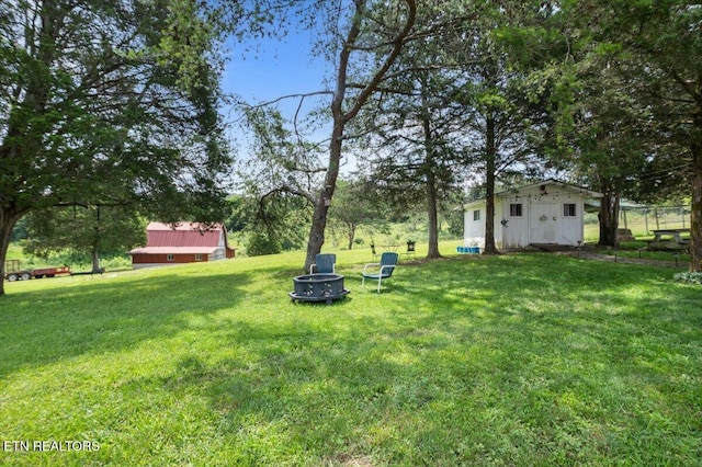 288 Forks Grove Rd, Lafollette, TN 37766 - view of green lawn with a storage shed and a fire pit
