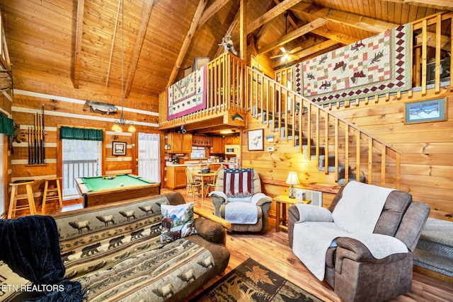 2784 Mountain View Cir, Sevierville, TN 37862 - living area featuring billiards table, wood walls, a wooden ceiling with exposed beams, stairs, and wood finished floors