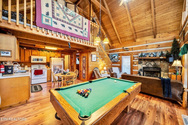 2784 Mountain View Cir, Sevierville, TN 37862 - rec room featuring high vaulted ceiling, light wood-style flooring, pool table, wood walls, and a wooden ceiling with exposed beams