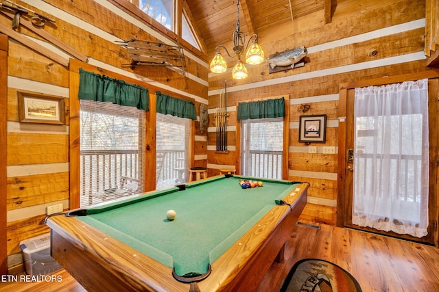 2784 Mountain View Cir, Sevierville, TN 37862 - game room with pool table, wood walls, wooden ceiling, wood finished floors, and a chandelier