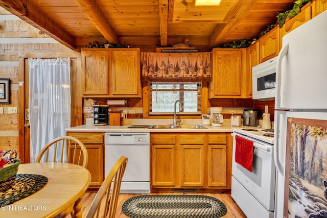 2784 Mountain View Cir, Sevierville, TN 37862 - kitchen featuring white appliances, a wooden ceiling with exposed beams, light countertops, light wood-type flooring, and wooden walls