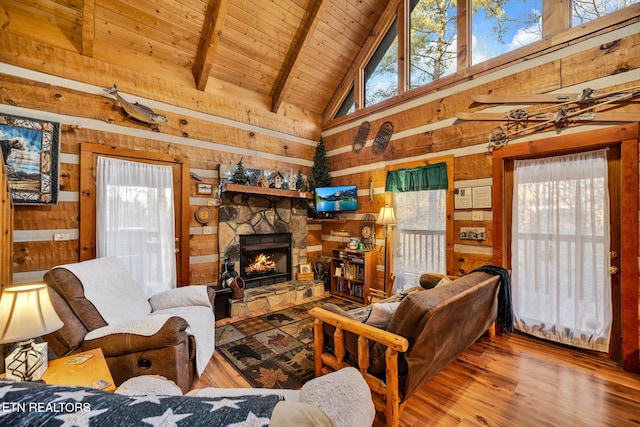 2784 Mountain View Cir, Sevierville, TN 37862 - living room featuring wood walls, wood finished floors, a wood ceiling with exposed beams, high vaulted ceiling, and a fireplace