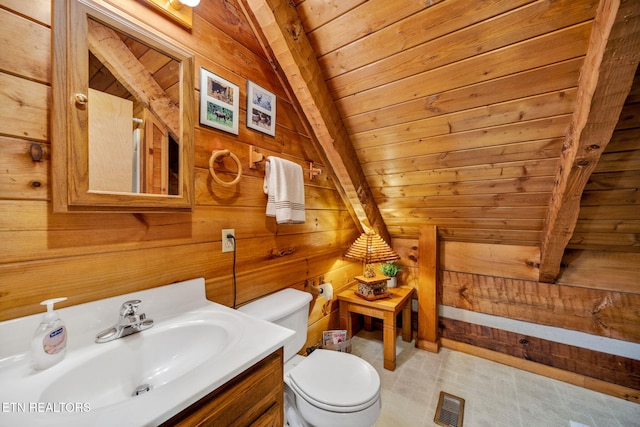 2784 Mountain View Cir, Sevierville, TN 37862 - bathroom with wood walls, vanity, and a wood ceiling with exposed beams