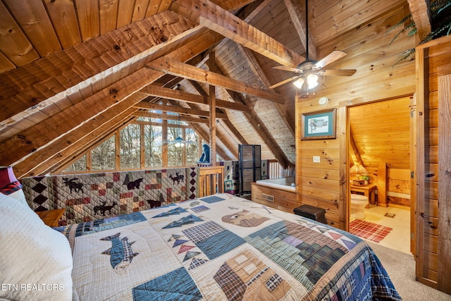 2784 Mountain View Cir, Sevierville, TN 37862 - bedroom with wooden ceiling, wooden walls, carpet, and ensuite bath
