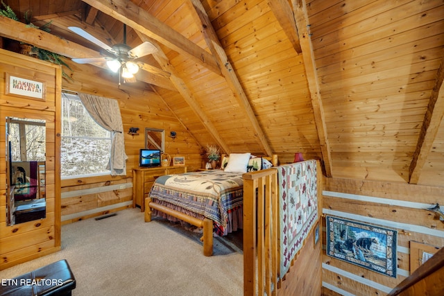 2784 Mountain View Cir, Sevierville, TN 37862 - bedroom featuring wooden ceiling, wood walls, and carpet flooring
