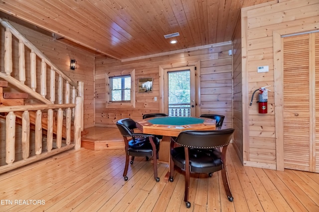 1032 Black Bear Cub Way, Sevierville, TN 37862 - dining space featuring wooden walls, light wood-style flooring, and wood ceiling