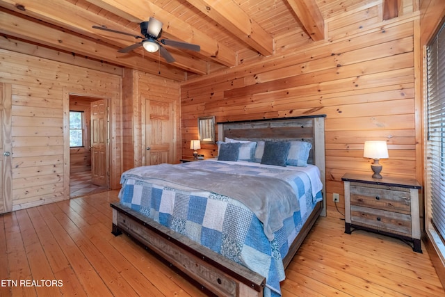 1032 Black Bear Cub Way, Sevierville, TN 37862 - bedroom featuring wooden walls, light wood-style floors, and a wood ceiling with exposed beams