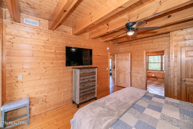 1032 Black Bear Cub Way, Sevierville, TN 37862 - bedroom featuring a wooden ceiling with exposed beams, wooden walls, and wood finished floors